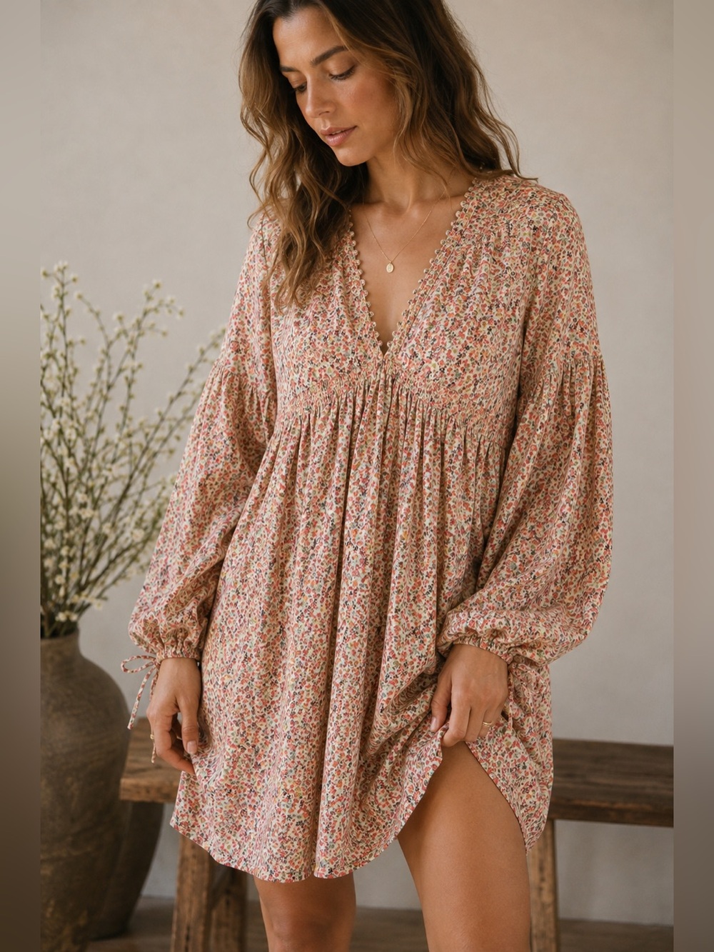 DÔEN Marguerite Floral Babydoll Smocked Mini Dress‎ Romantic Prairie Boho